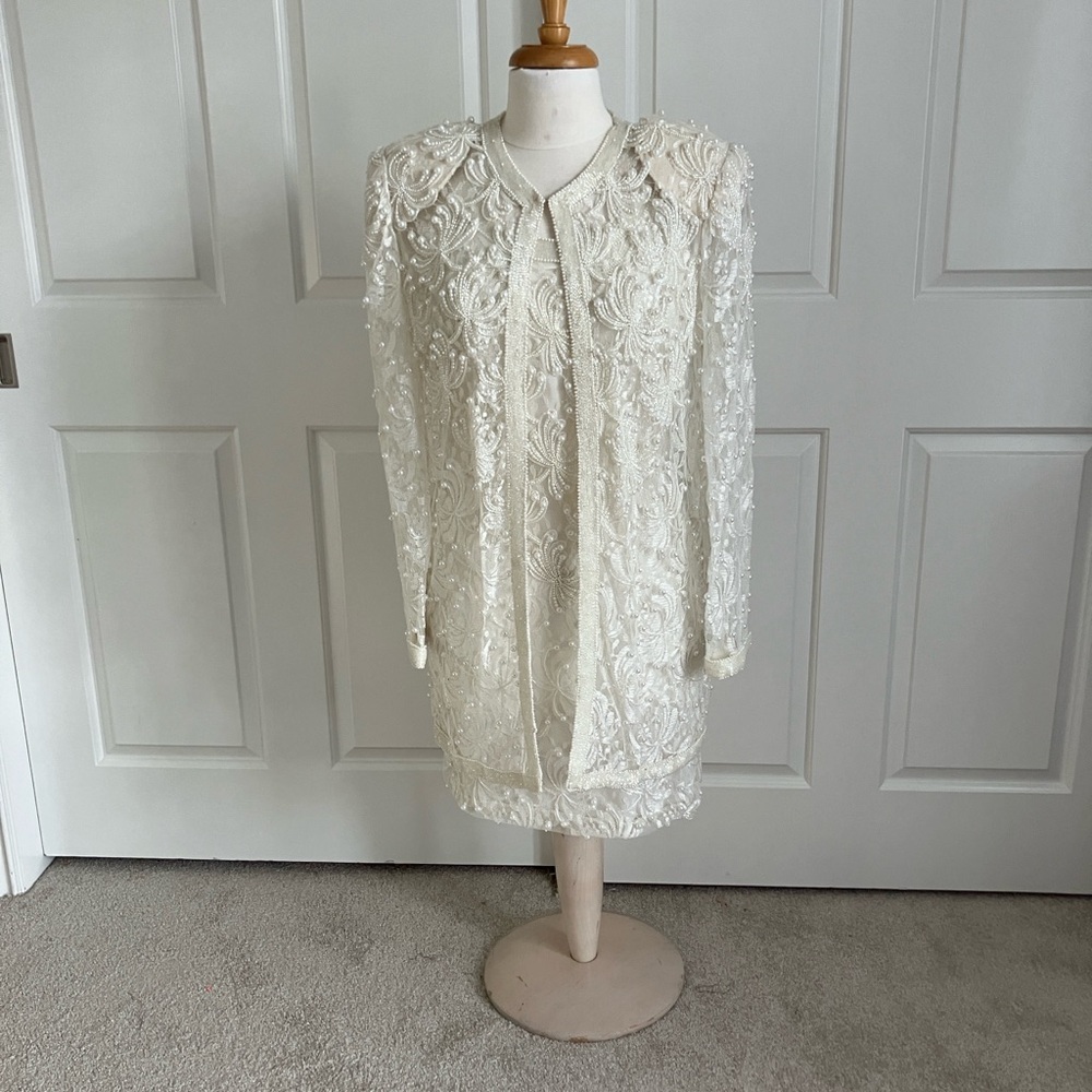 VTG Scala ivory beaded lace sheath dress and matching jacket.